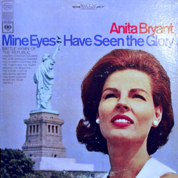 Liberty turns her back as Anita Bryant looks to the sky, expecting Jesus to fly down and smite the gays.